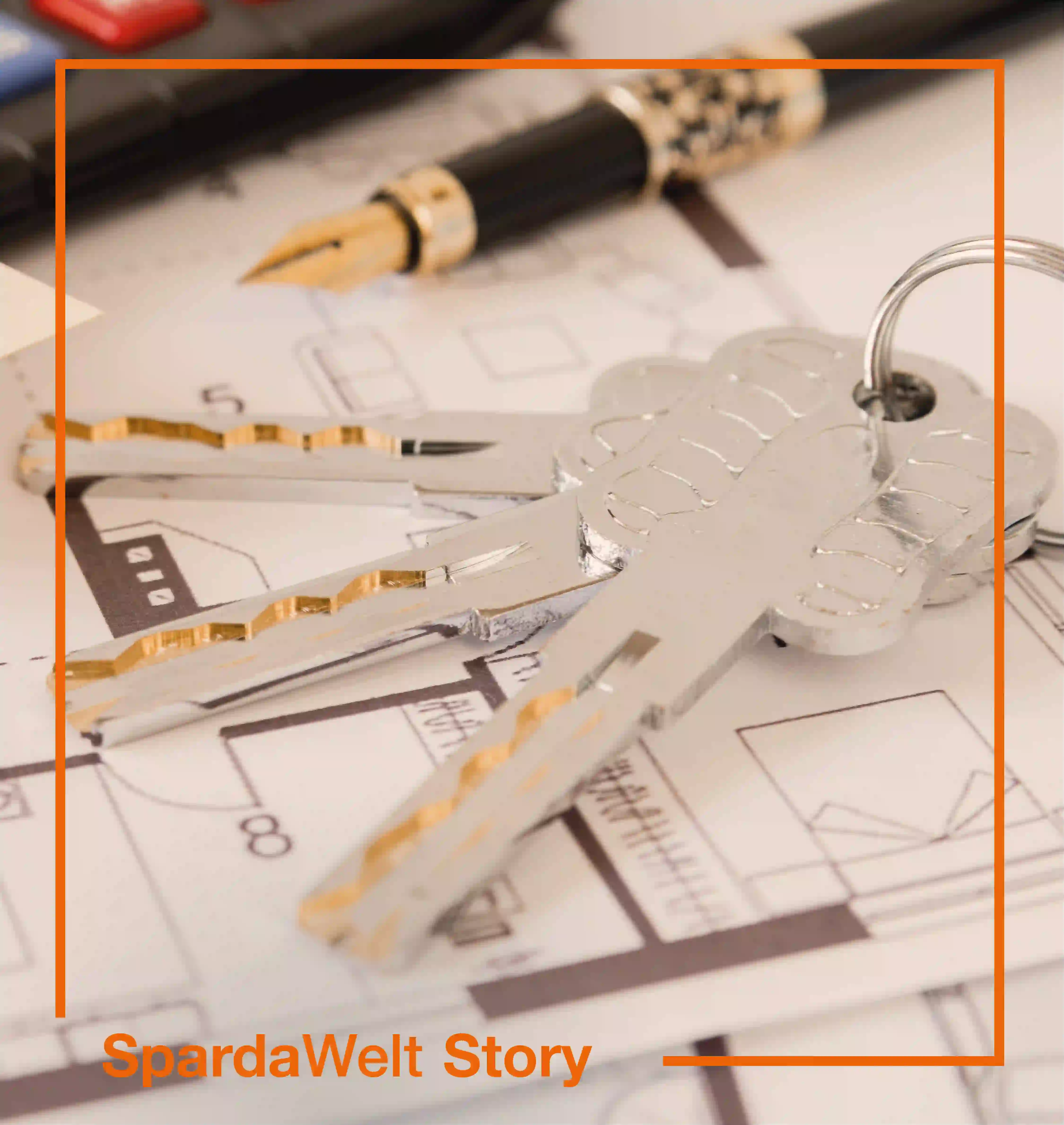 Auf einem Tisch liegen Schlüssel, ein Rechner und Pläne für einen Hausbau.Um das Bild herum ist ein orangener Rahmen. Der Schriftzug "SpardaWelt Story" weißt darauf hin, dass es sich um eine Empfehlung zu einer anderen SpardaWelt Story handelt.