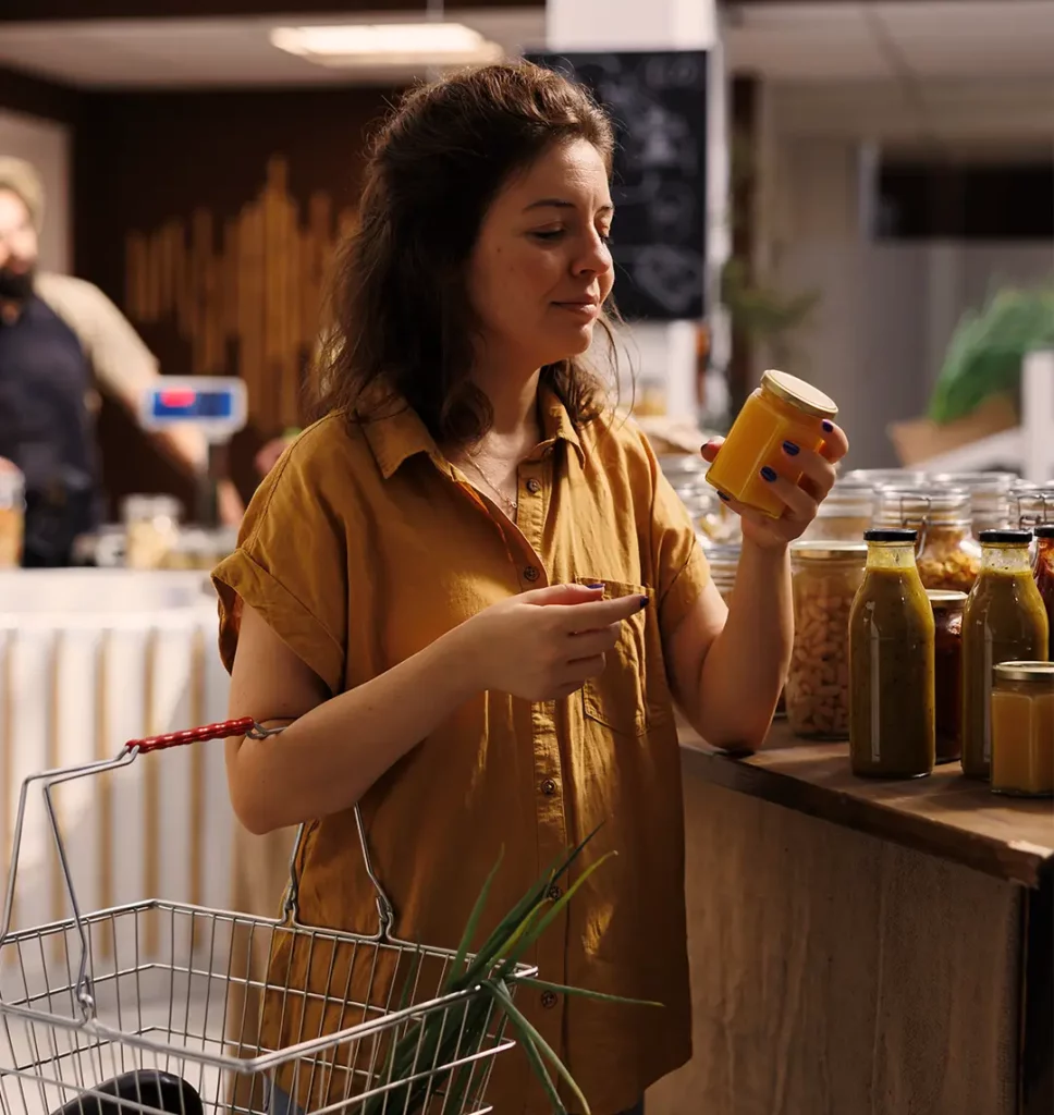 Eine Frau ist beim Einkaufen und hält ein Glas Marmelade in den Händen.